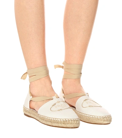 Shop Prada Embroidered Lace-up Espadrilles In White