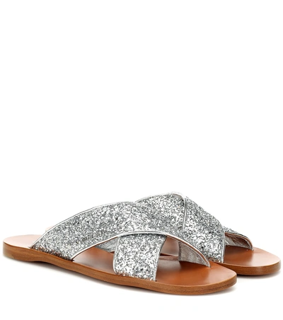 Shop Miu Miu Glitter And Leather Sandals In Metallic
