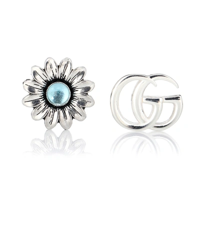 Gucci Gg Marmont & Flower Mismatched Sterling Silver Stud Earrings In Silver
