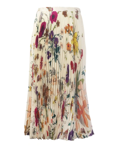 Shop Gucci Floral Print Pleated Skirt In Ivory