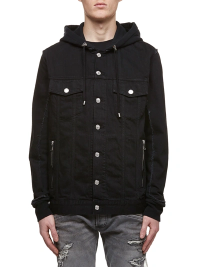 Shop Balmain Hooded Denim Jacket In Nero