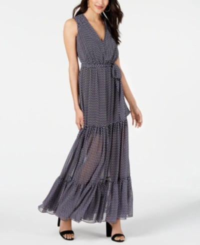 Shop Avec Les Filles Polka Dot Flounce Maxi Dress In Navy/blush