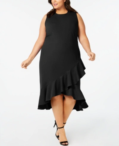 Shop Calvin Klein Plus Size Ruffled High-low Midi Dress In Black