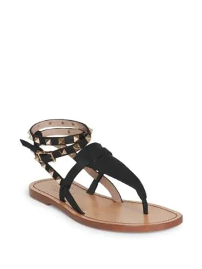 Shop Valentino Rockstud Double Pebbled Leather Wrap Thong Sandals In Black