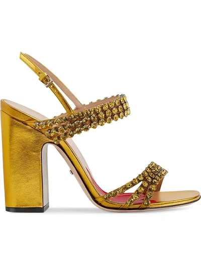 Shop Gucci Metallic Leather Sandal With Crystals - Gold