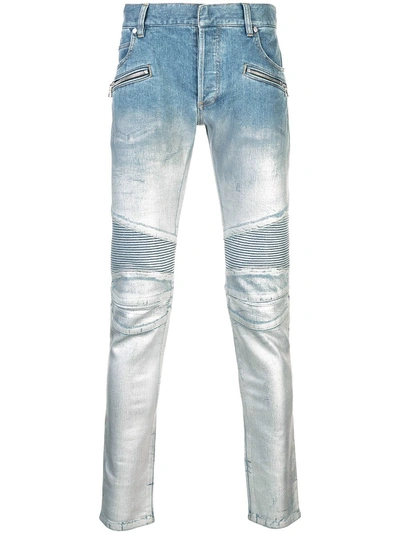 Shop Balmain Metallic Sprayed Biker Jeans - Blue