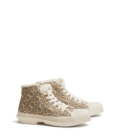 Shop Tory Burch Buddy Jacquard High-top Sneakers In Tan Gemini Link Jacquard/off White