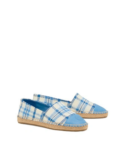 Shop Tory Burch Color-block Woven Espadrilles In Blue Check In Plaid / Light Chambray