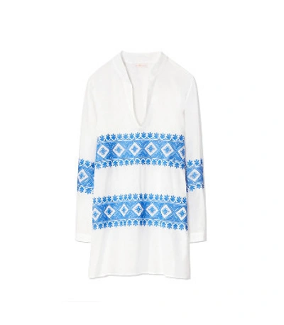 Shop Tory Burch Stephanie Embroidered Tunic In New Ivory / Bondi Blue