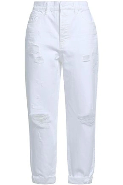 Shop Alexander Wang Cropped Distressed High-rise Boyfriend Jeans In White