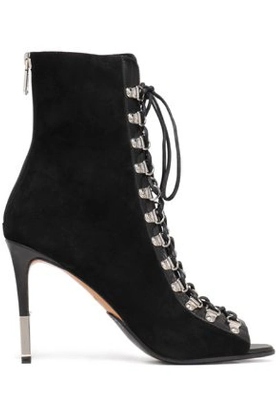 Shop Balmain Lace-up Suede Ankle Boots In Black