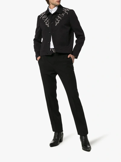 Shop Saint Laurent Teddy Western Style Embroidered Jacquard Print Denim Jacket In 1000 Black