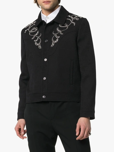 Shop Saint Laurent Teddy Western Style Embroidered Jacquard Print Denim Jacket In 1000 Black