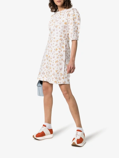 Shop See By Chloé Floral Print Poof Sleeve Cotton Mini Dress In Multicolour White