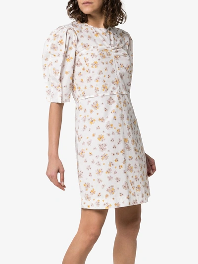 Shop See By Chloé Floral Print Poof Sleeve Cotton Mini Dress In Multicolour White