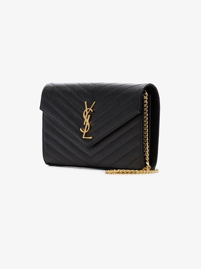 Shop Saint Laurent Black Mini Logo Plaque Quilted Grain Leather Cross Body Bag