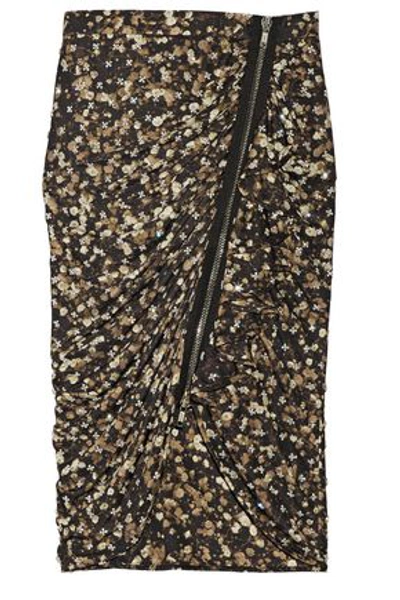 Shop Givenchy Crystal-embellished Zip-detailed Ruched Printed Jersey Pencil Skirt In Gold