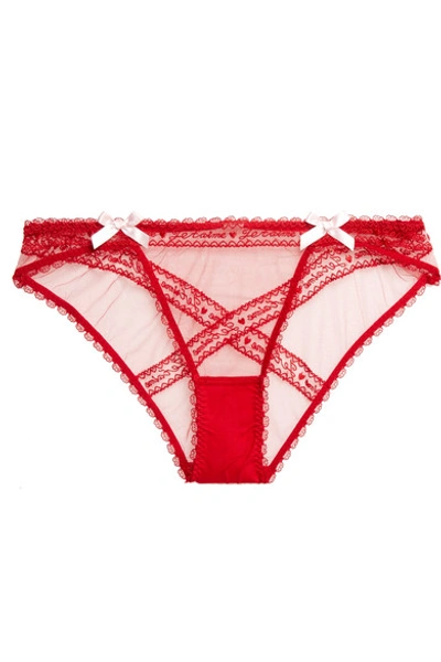 Shop Agent Provocateur Edita Lace-trimmed Embroidered Stretch-tulle Briefs In Claret