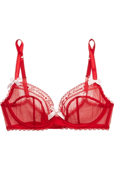 Shop Agent Provocateur Edita Lace-trimmed Embroidered Stretch-tulle Underwired Bra In Claret