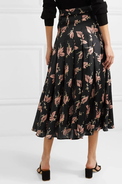 Shop Co Pleated Floral-print Silk-satin Midi Skirt In Black