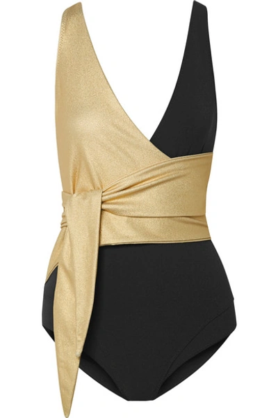 Shop Lisa Marie Fernandez Dree Louise Two-tone Wrap Swimsuit In Black