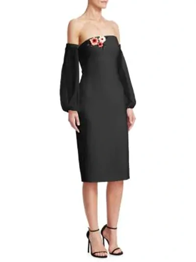 Shop Theia Off-the-shoulder Balloon-sleeve Dress In Black