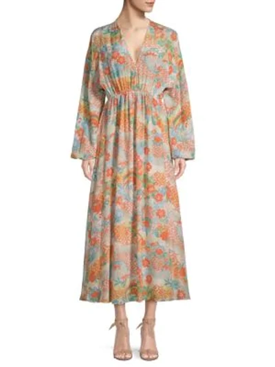 Shop Elizabeth And James Floral V-neck Silk Maxi Dress In Beige Multi