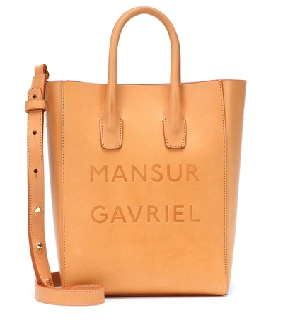 Shop Mansur Gavriel Logo Small Leather Tote In Beige