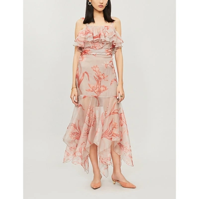 Shop Johanna Ortiz Floral-print Ruffle Silk Dress In Sand Punch