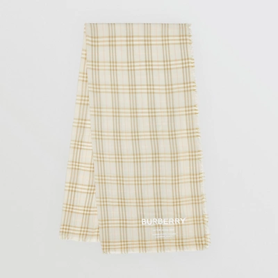 Shop Burberry Embroidered Vintage Check Lightweight Cashmere Scarf In Pale Sage