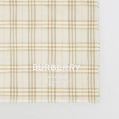 Shop Burberry Embroidered Vintage Check Lightweight Cashmere Scarf In Pale Sage