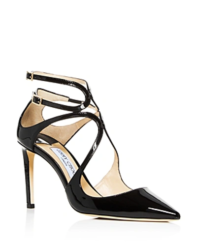 Shop Jimmy Choo Women's Lancer 85 Strappy Pointed-toe Pumps In Black Patent Leather