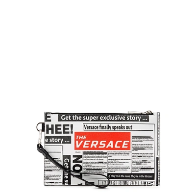 Shop Versace Newspaper Print Pouch In White And Black
