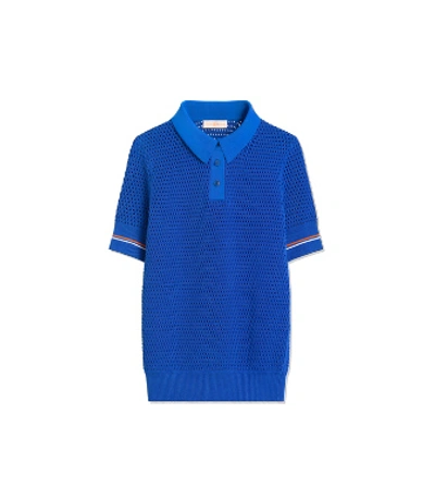 Shop Tory Burch Mesh Polo Sweater In Bondi Blue