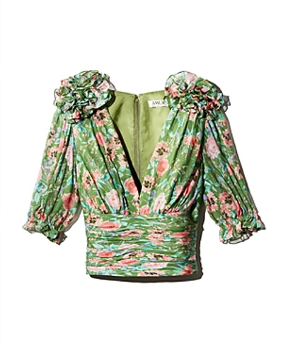 Shop Amur Nell Rose-printed Silk Top In Grass Green
