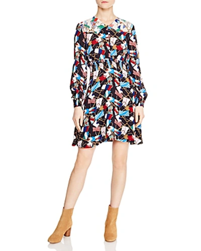 Shop Sandro Indar Smocked Flag-print Dress In Black