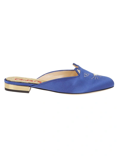Shop Charlotte Olympia Sabot Kitty Mules In Blue/gold