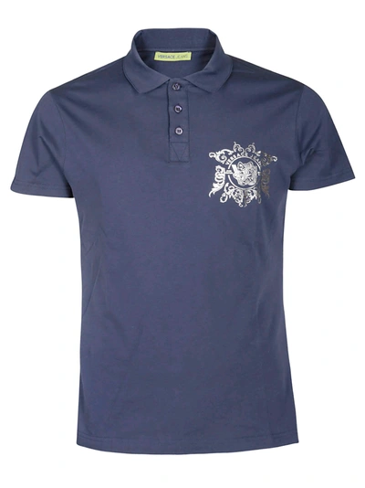 Shop Versace Logo Print Polo Shirt In Blue
