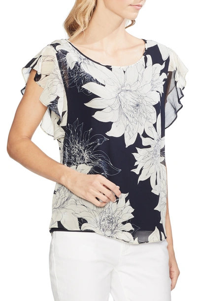 Shop Vince Camuto Pagoda Blossoms Flutter Sleeve Blouse In Classic Navy