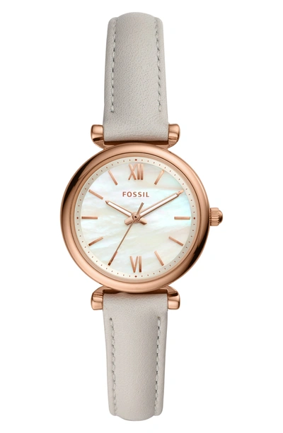 Shop Fossil Mini Carlie Star Leather Strap Watch, 28mm In Grey/ White Mop/ Rose Gold