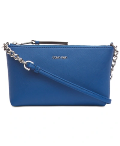 Shop Calvin Klein Hayden Saffiano Leather Chain Crossbody In Seaport/silver