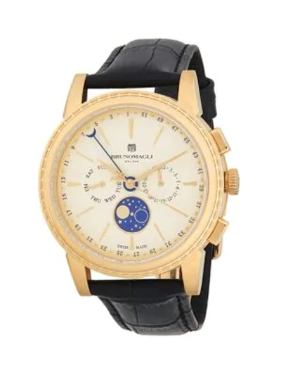 Shop Bruno Magli Moon Phase Stainless Steel & Leather Strap Chrono Watch In Black