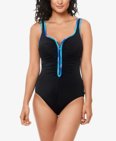 Shop Reebok Contrast-trim Zip-front One-piece Swimsuit Women's Swimsuit In Blue