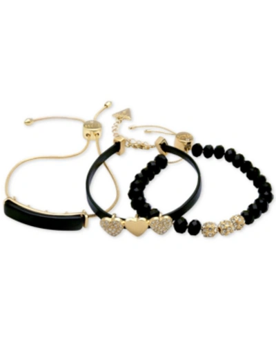 Shop Guess Gold-tone 3-pc. Set Crystal, Heart & Bead Faux Leather Slider Bracelets