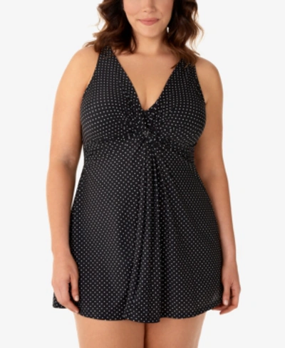 Shop Miraclesuit Plus Size Allover Slimming Pin-point Marais Swimdress Women's Swimsuit In Polka Dot