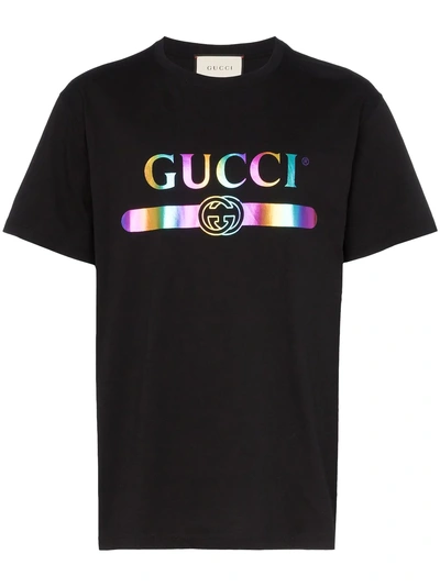Shop Gucci Iridescent Logo Print Cotton T Shirt - Black