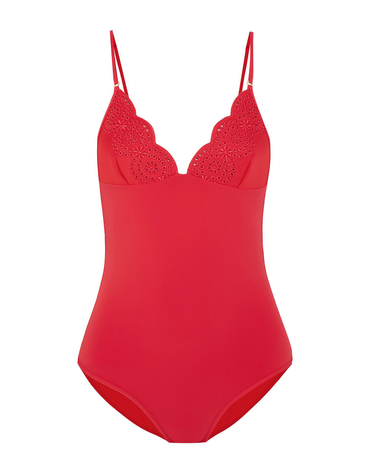 red scalloped one piece swimsuit