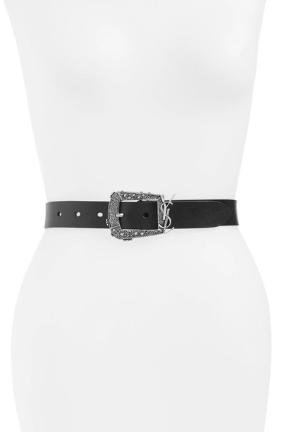 Shop Saint Laurent Logo Buckle Leather Belt In Black