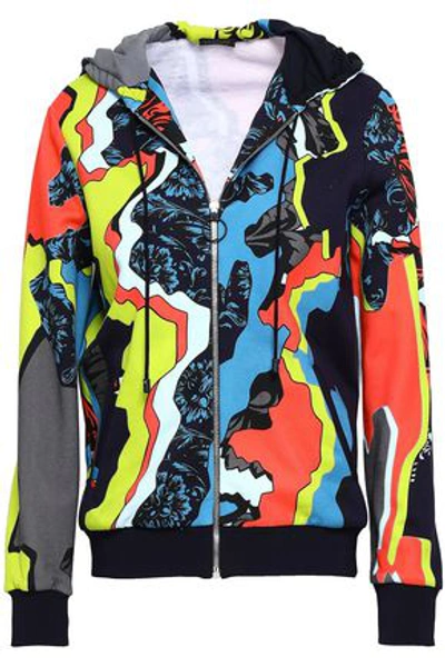 Shop Versace Woman Printed Cotton-fleece Hooded Jacket Multicolor