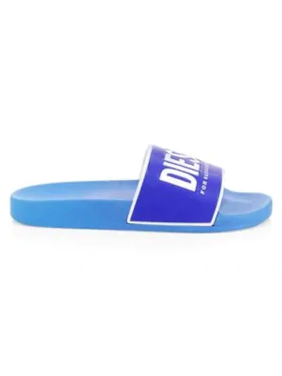 Shop Diesel Valla Logo Slide Sandals In Azure Blue